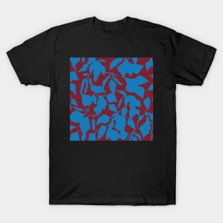 Birch leaves blue on dark red, seamless pattern T-Shirt